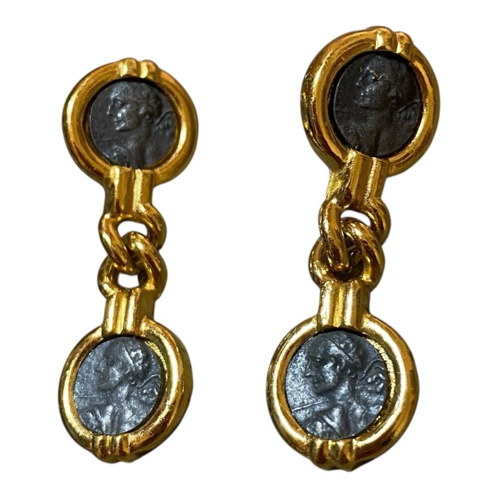 Vintage Carolee Roman Empire Coin Gold tone Pierced Earrings